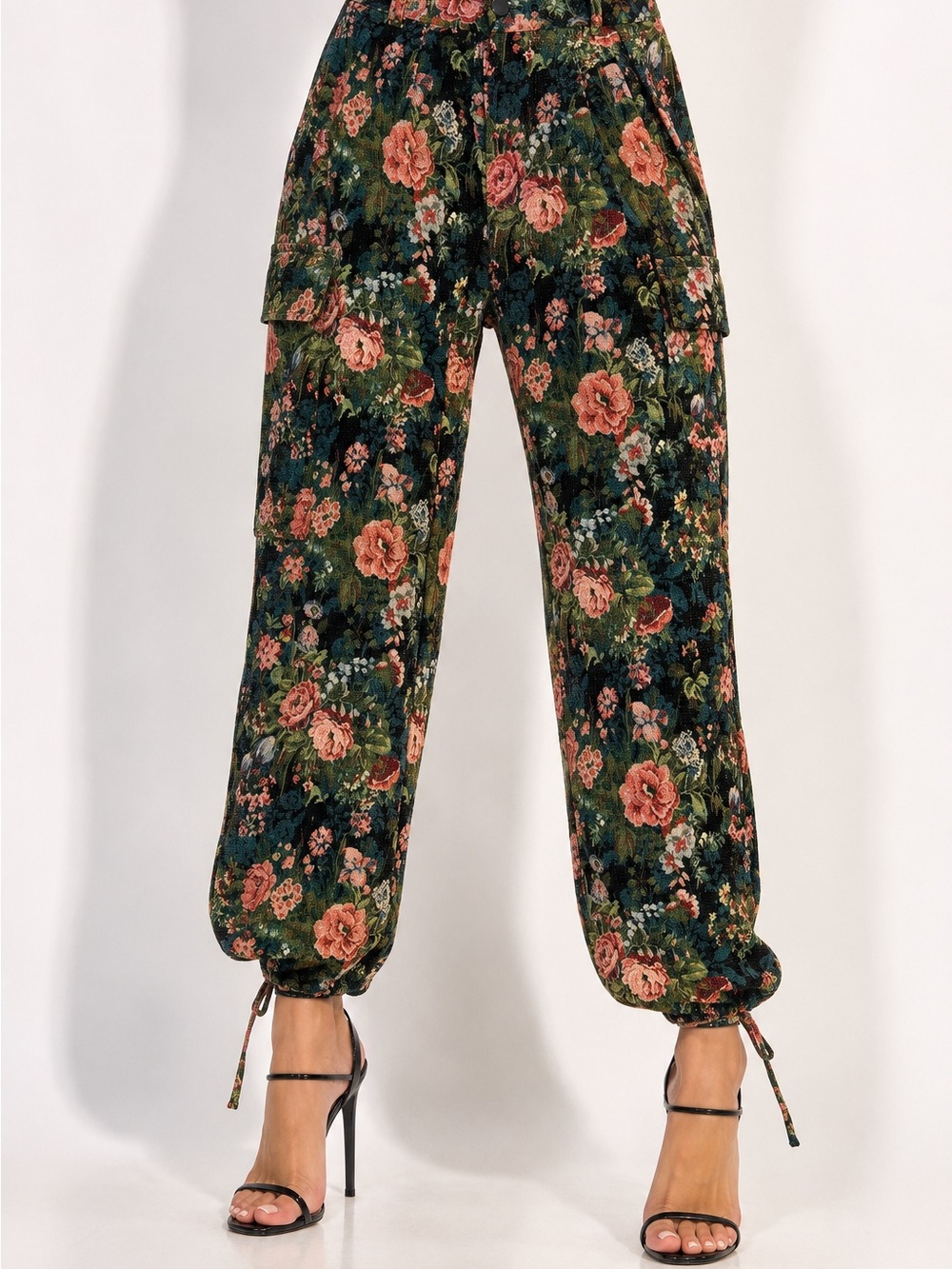 AKIRA Floral Cargo Pants Green Multi Rhinestone Embellished NWT